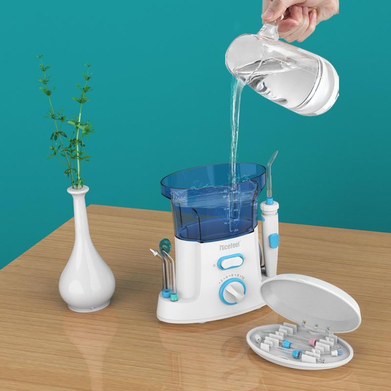 600ml Adjustable ABS Water Dental Flosser Untuk Penggunaan Keluarga Oral Spa Putih Biru